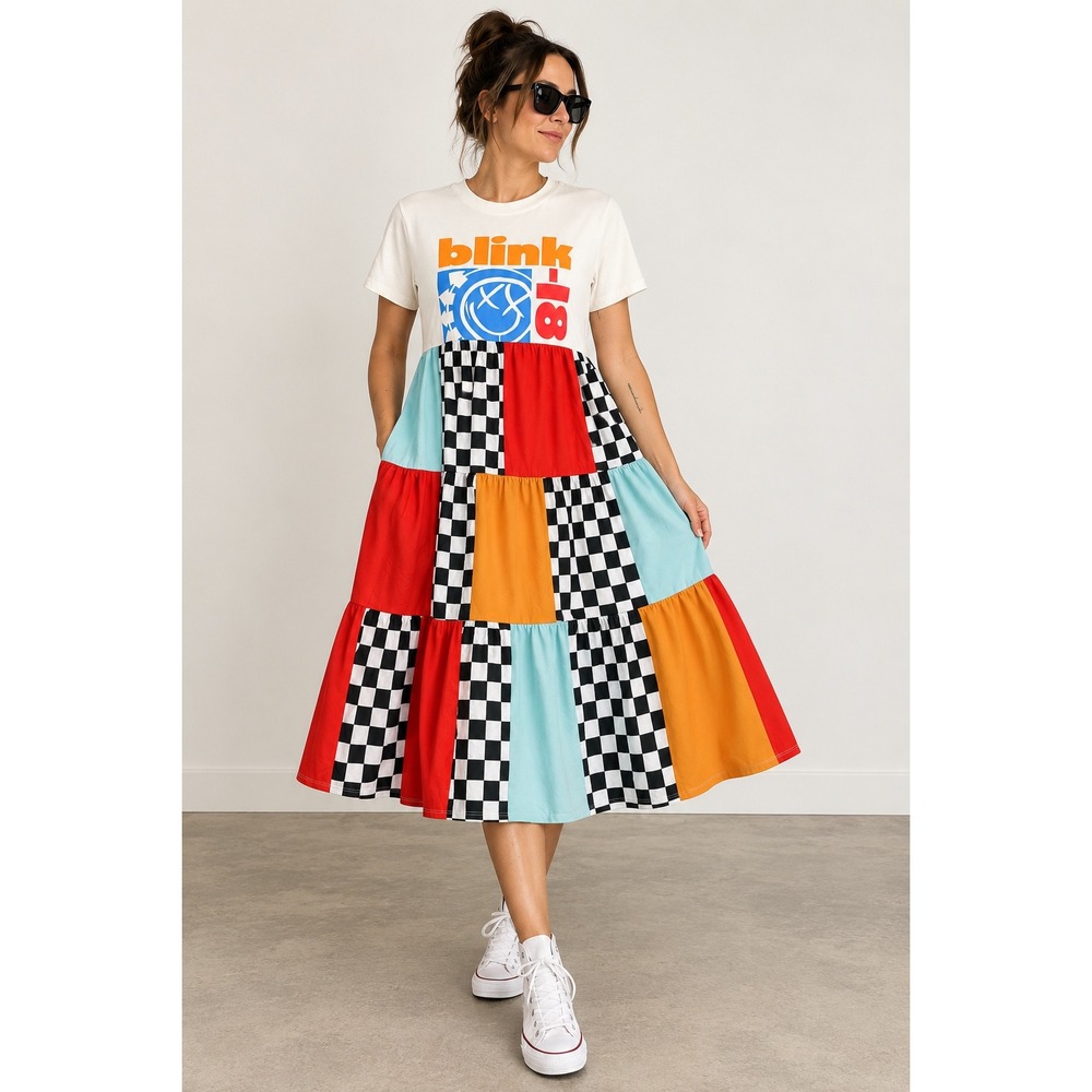 Blink-182 Graphic Patchwork Tiered Midi Dress Checkered Multi Color Size ML